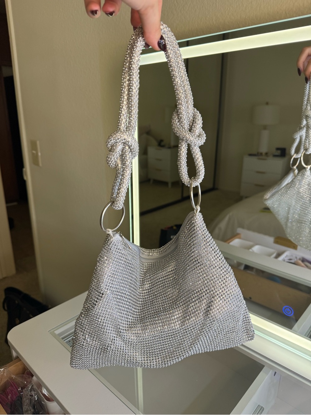Silver Rhinestone Crystal Hobo Shoulder Bag Knotted Strap Y2K Party Purse